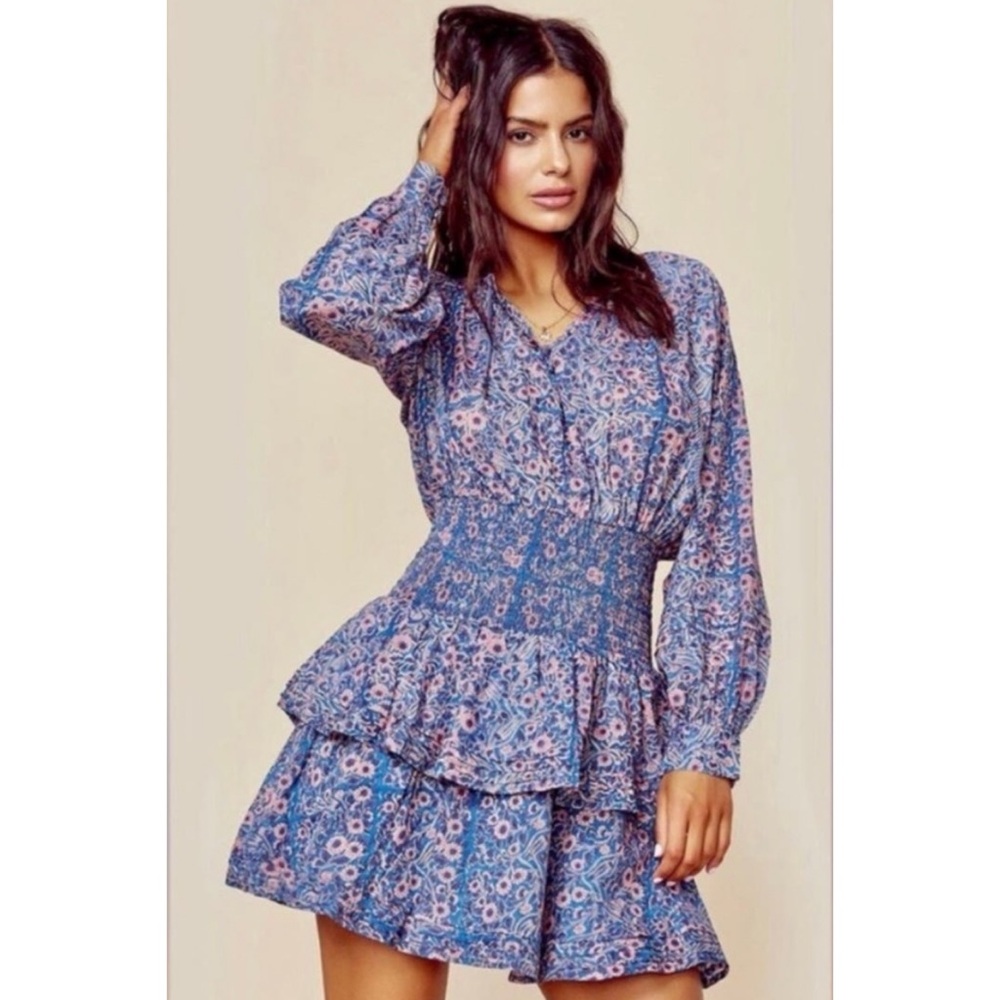 CLEOBELLA / Bianca Dress Blue Purple Floral Indian Block Print Tiered Hem